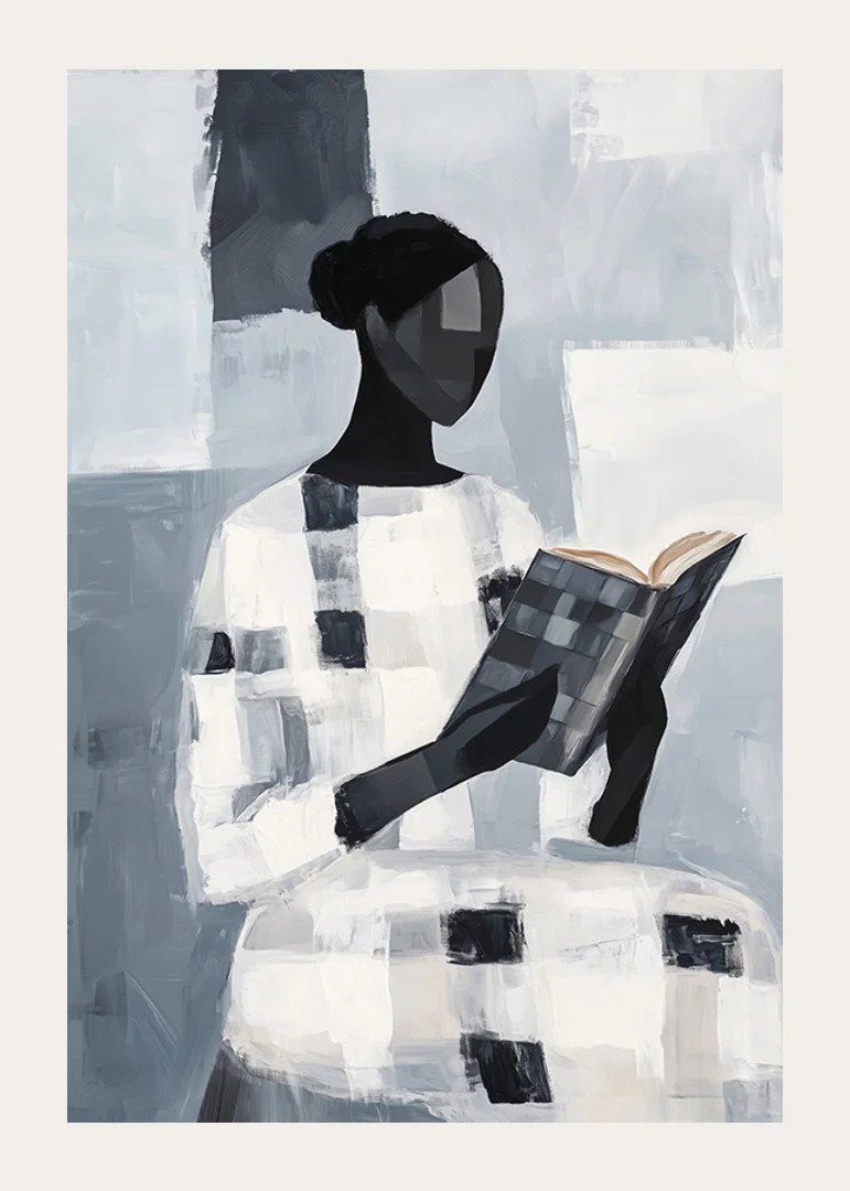 An elegant figure reads quietly in an abstract monochrome room-12