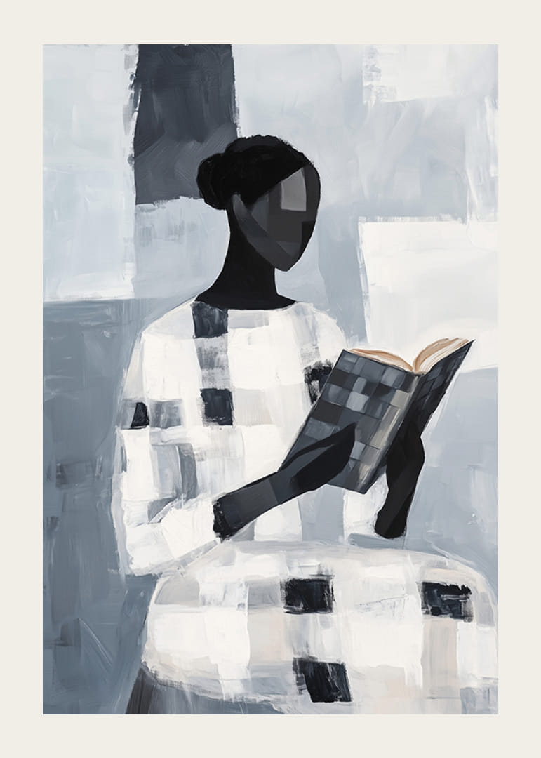 En elegant figur leser stille i et abstrakt monokromt rom-12