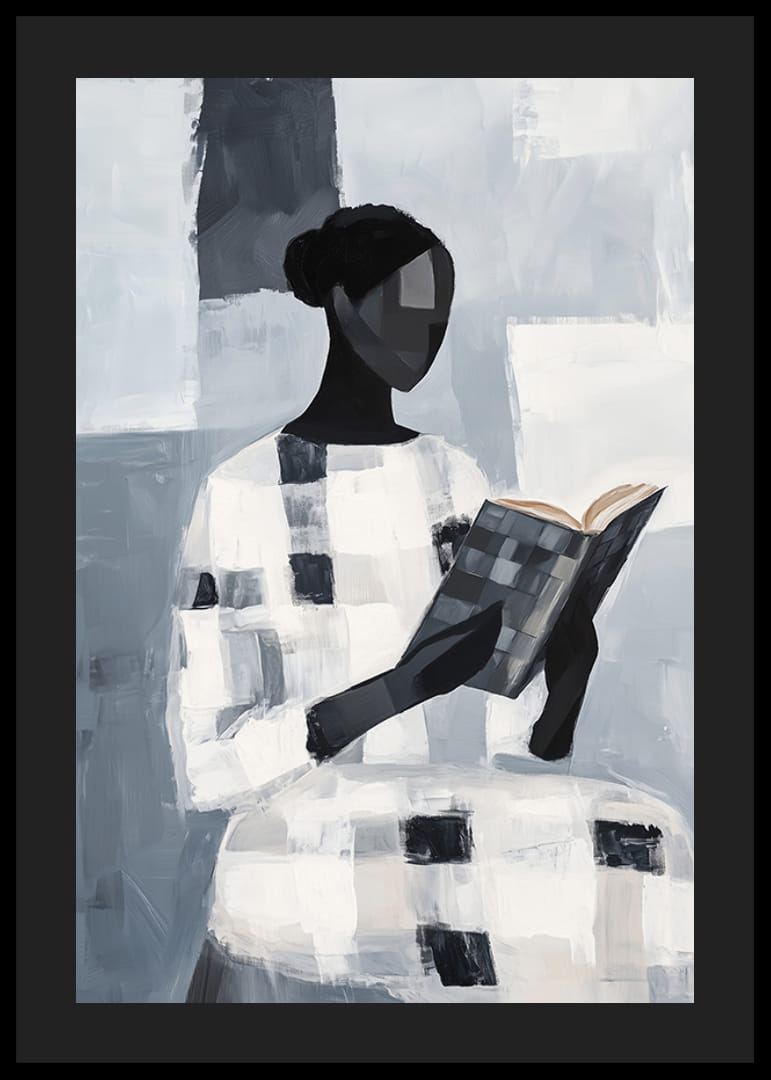 En elegant figur leser stille i et abstrakt monokromt rom-12