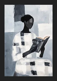 An elegant figure reads quietly in an abstract monochrome room-5