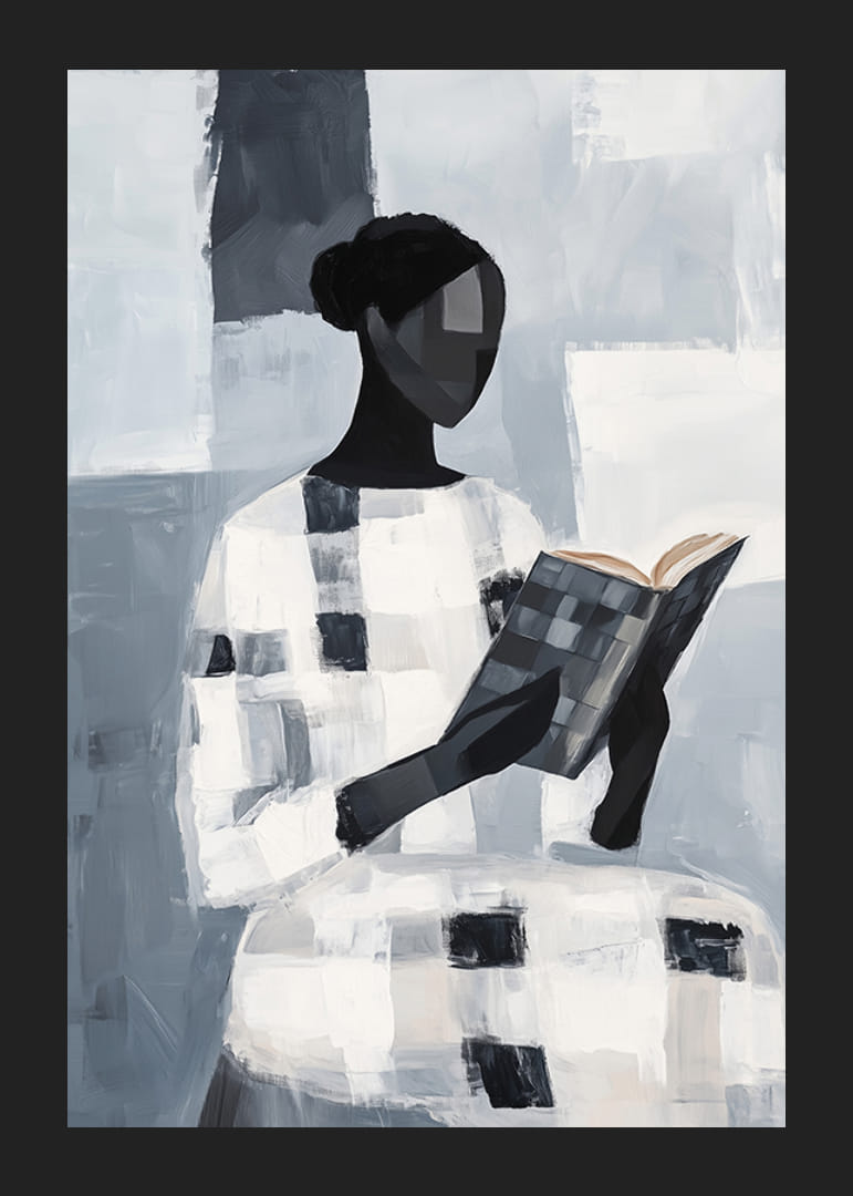 En elegant figur leser stille i et abstrakt monokromt rom-12