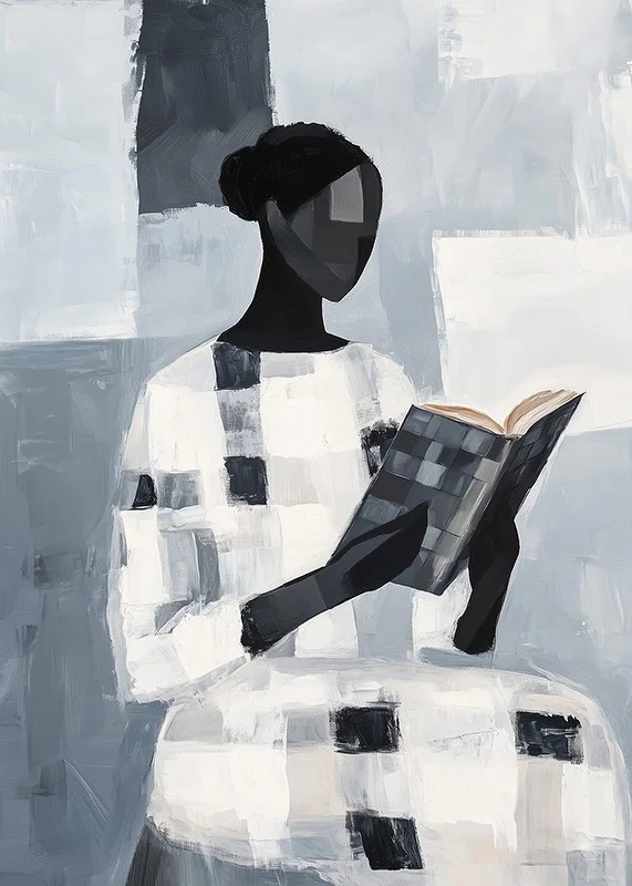 An elegant figure reads quietly in an abstract monochrome room-12