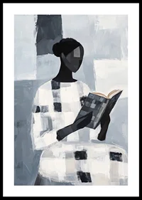 An elegant figure reads quietly in an abstract monochrome room-0
