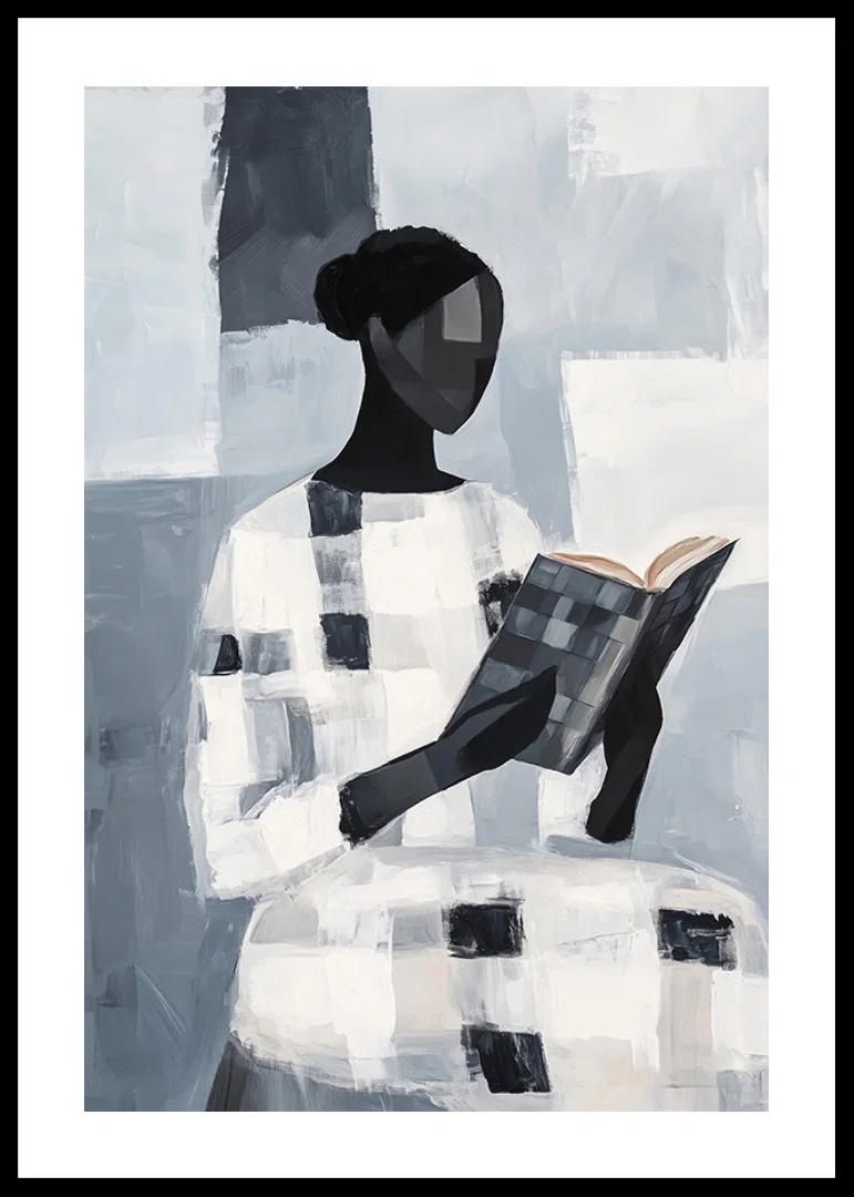An elegant figure reads quietly in an abstract monochrome room-12