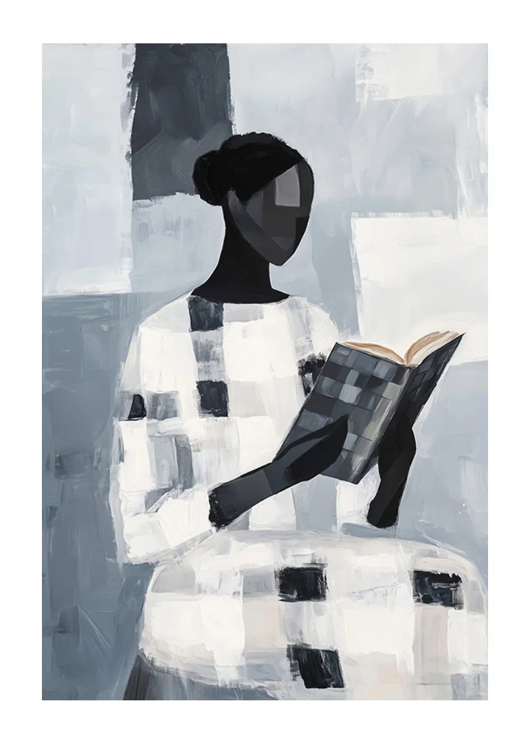 An elegant figure reads quietly in an abstract monochrome room-12
