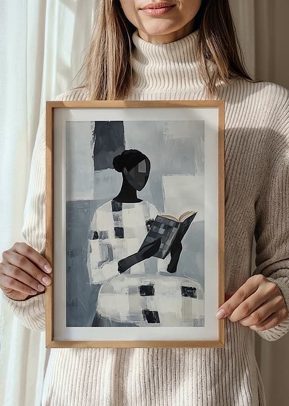 Elegantná postava si ticho číta v abstraktnej monochromatickej miestnosti-12