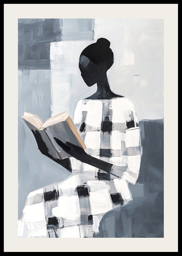 An elegant figure in black and white reads in silence-12