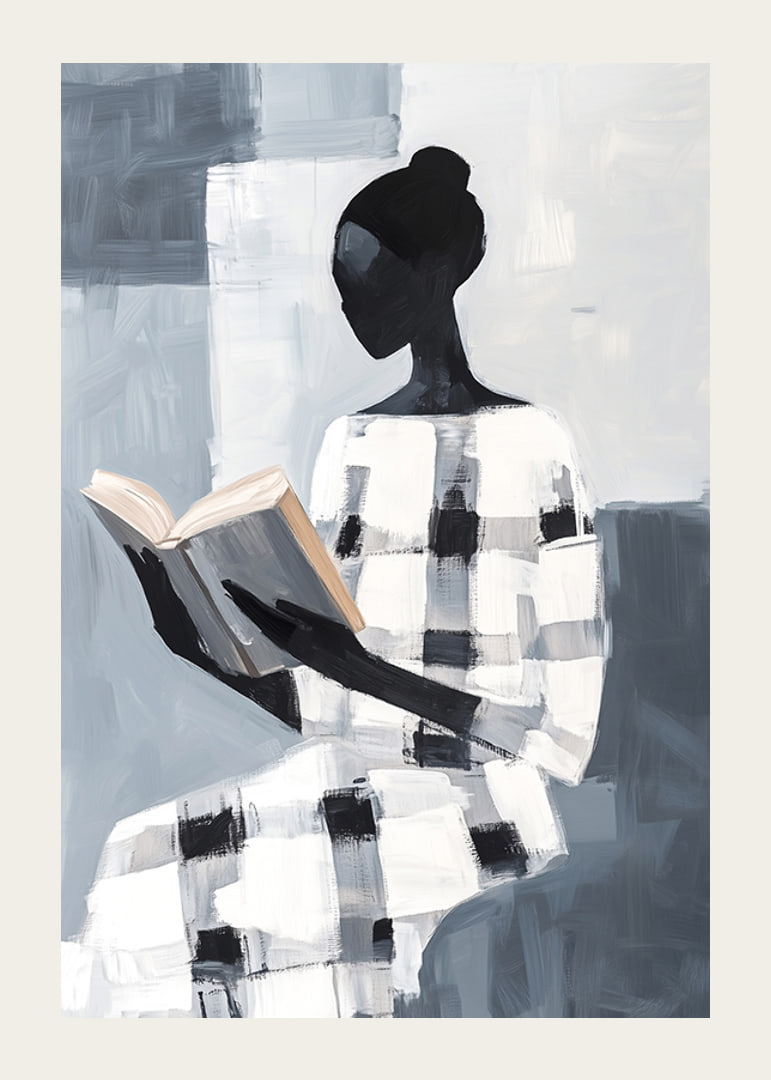 An elegant figure in black and white reads in silence-12