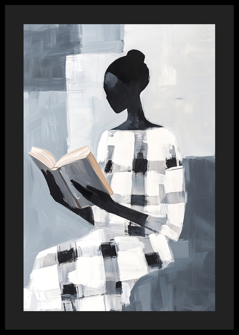 An elegant figure in black and white reads in silence-12