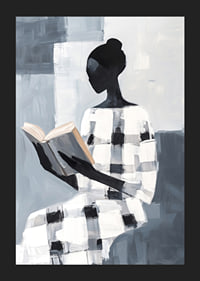 An elegant figure in black and white reads in silence-5