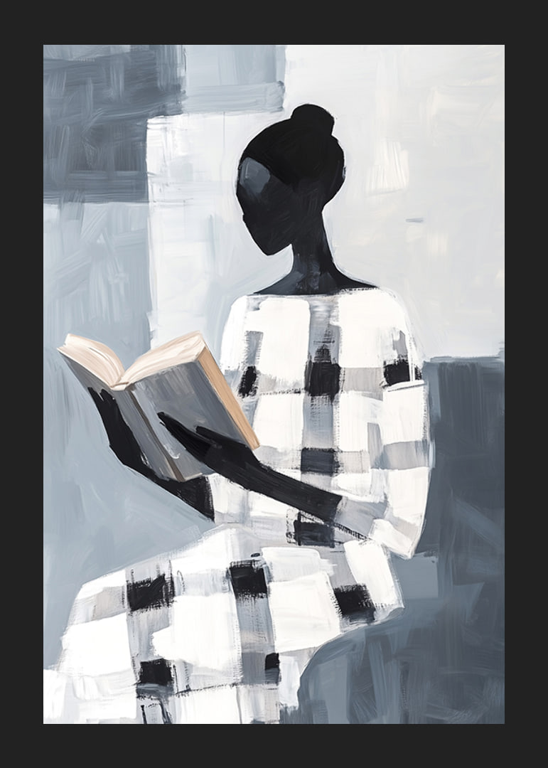 An elegant figure in black and white reads in silence-12