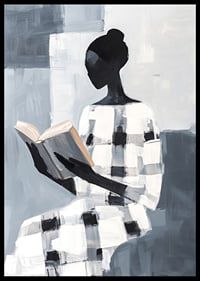 An elegant figure in black and white reads in silence-6