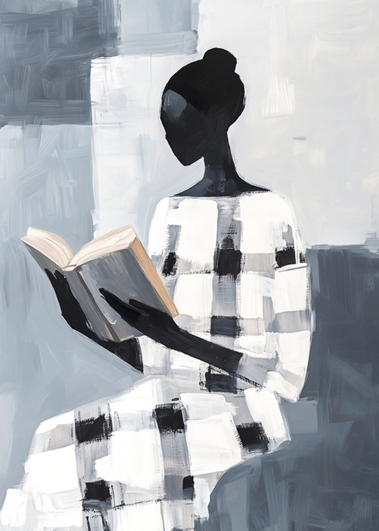 An elegant figure in black and white reads in silence-12