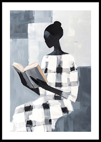An elegant figure in black and white reads in silence-0
