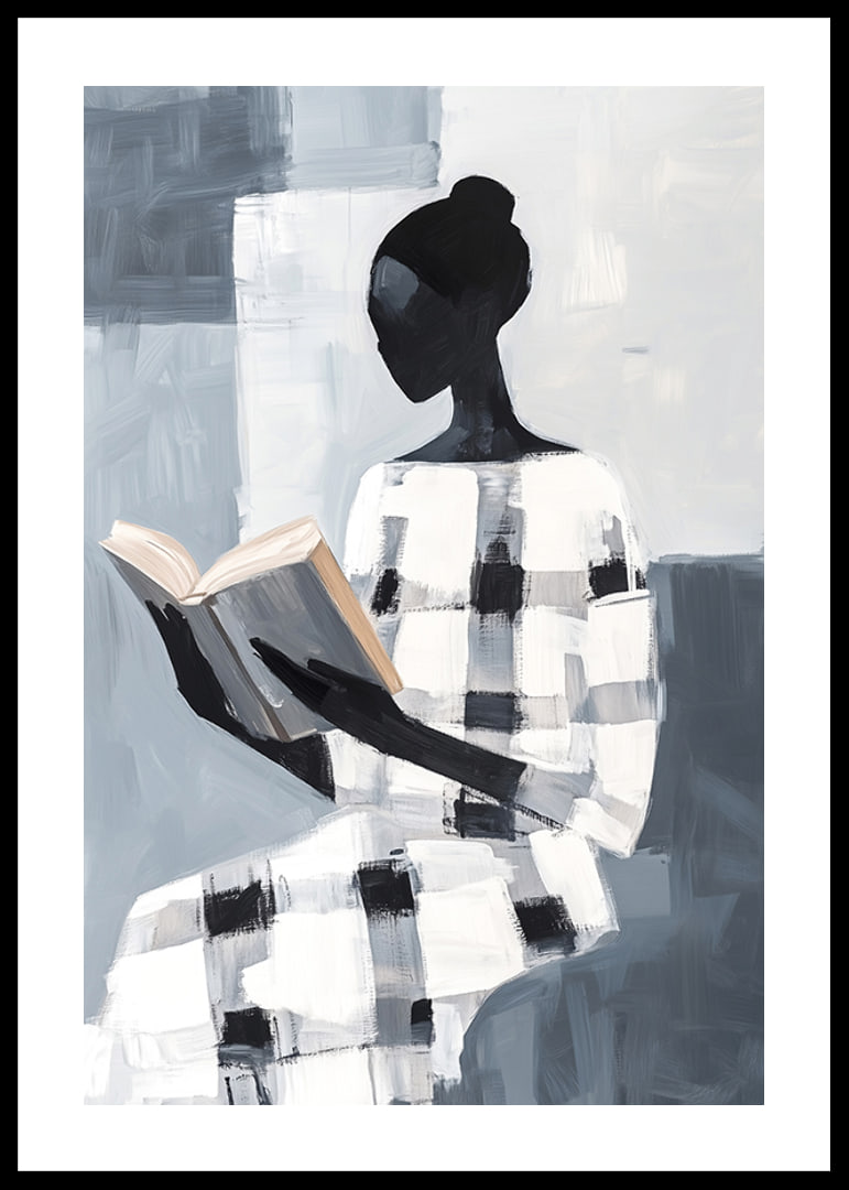 An elegant figure in black and white reads in silence-12