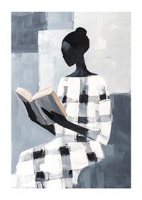 An elegant figure in black and white reads in silence-1