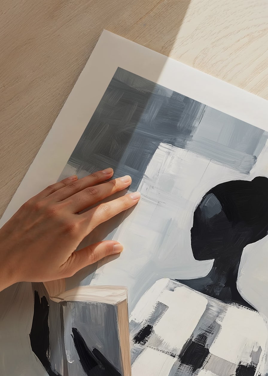 An elegant figure in black and white reads in silence-12