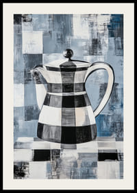 En poster med en abstrakt, rutmönstrad kanna mot en geometrisk bakgrund i blå toner-2