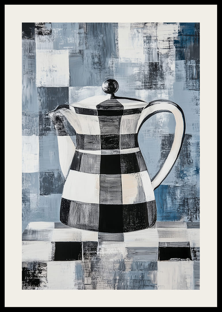 En poster med en abstrakt, rutmönstrad kanna mot en geometrisk bakgrund i blå toner-12