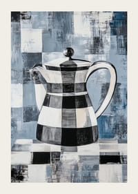 En poster med en abstrakt, rutmönstrad kanna mot en geometrisk bakgrund i blå toner-3