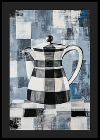 En poster med en abstrakt, rutmönstrad kanna mot en geometrisk bakgrund i blå toner-4