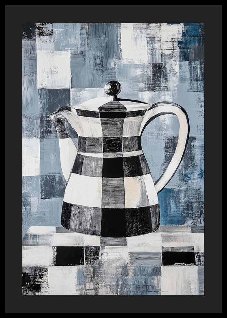 En poster med en abstrakt, rutmönstrad kanna mot en geometrisk bakgrund i blå toner-12