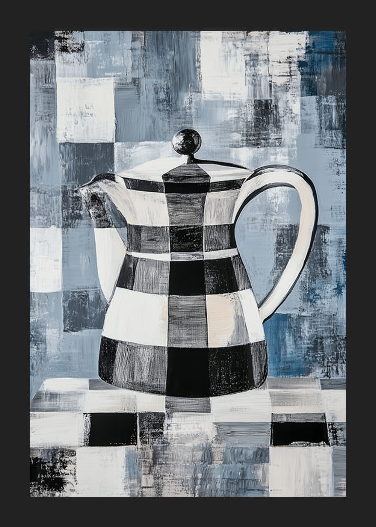 En poster med en abstrakt, rutmönstrad kanna mot en geometrisk bakgrund i blå toner-12