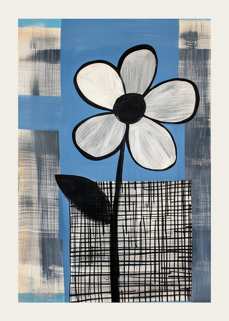 En stilren blomma mot en blå och rutmönstrad bakgrund-12