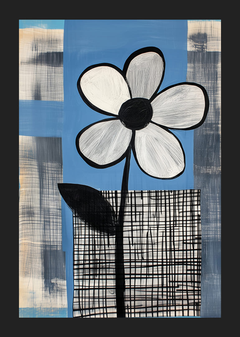 En stilren blomma mot en blå och rutmönstrad bakgrund-12