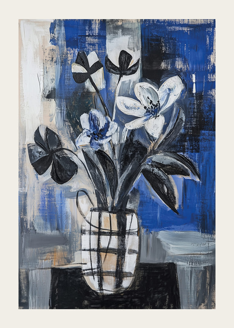 Čiernobiele kvety na modrom pozadí vytvárajú hĺbku a eleganciu-12