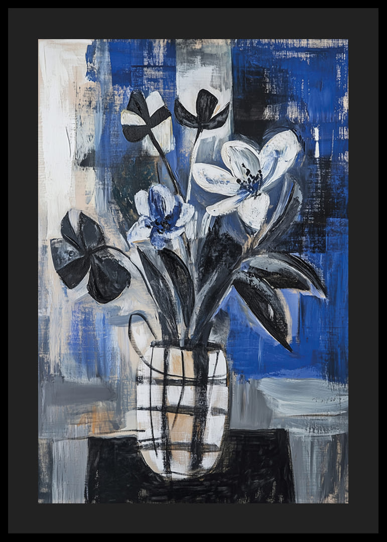 Čiernobiele kvety na modrom pozadí vytvárajú hĺbku a eleganciu-12