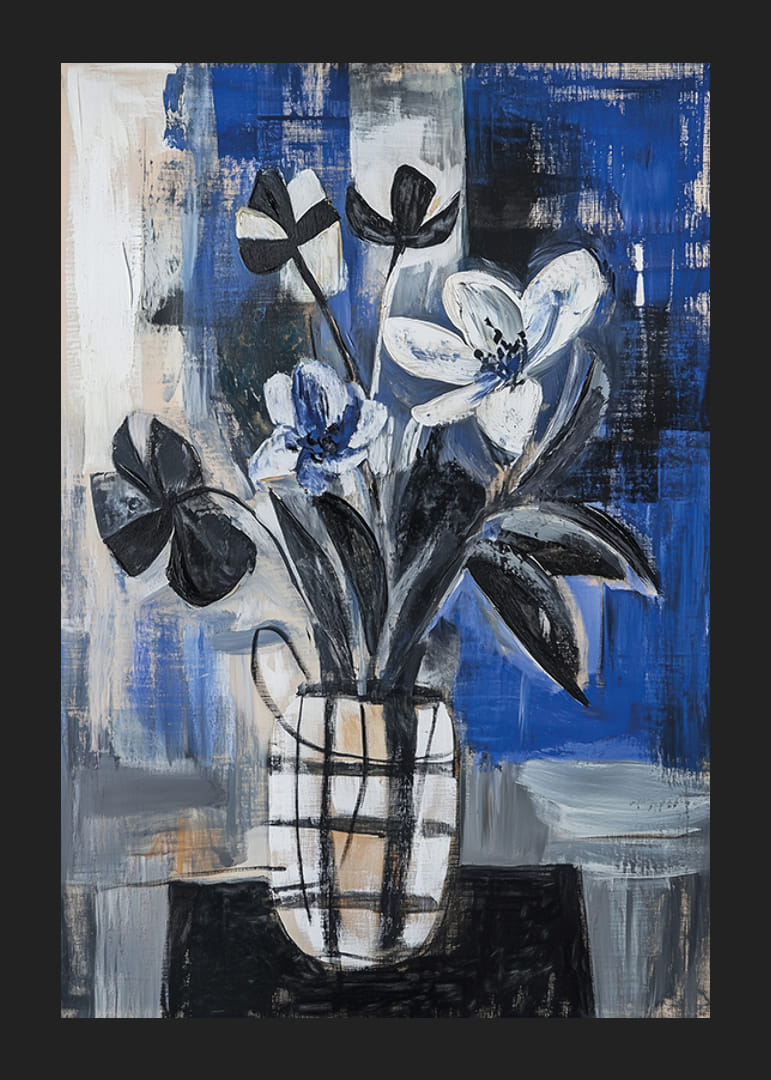 Čiernobiele kvety na modrom pozadí vytvárajú hĺbku a eleganciu-12