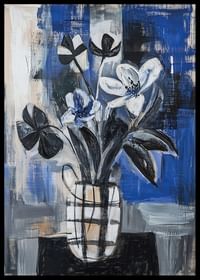 Flores a preto e branco sobre fundo azul criam profundidade e elegância-2