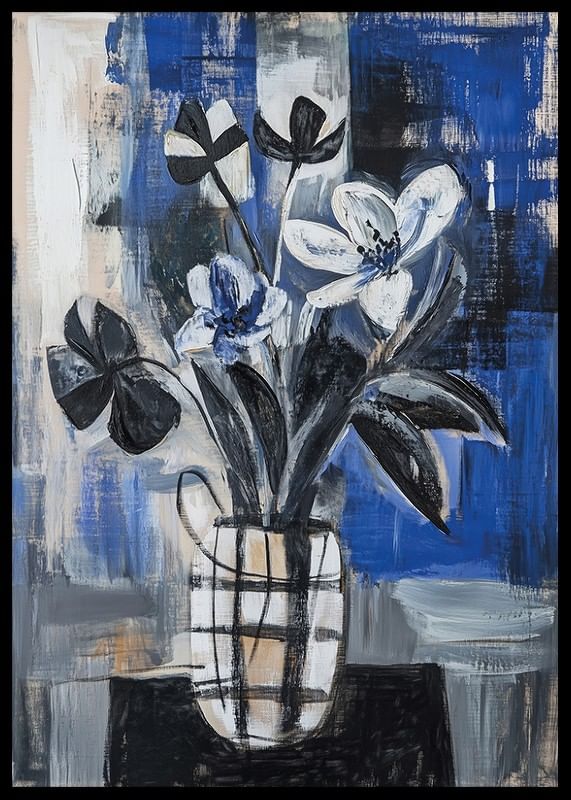 Flores a preto e branco sobre fundo azul criam profundidade e elegância-12