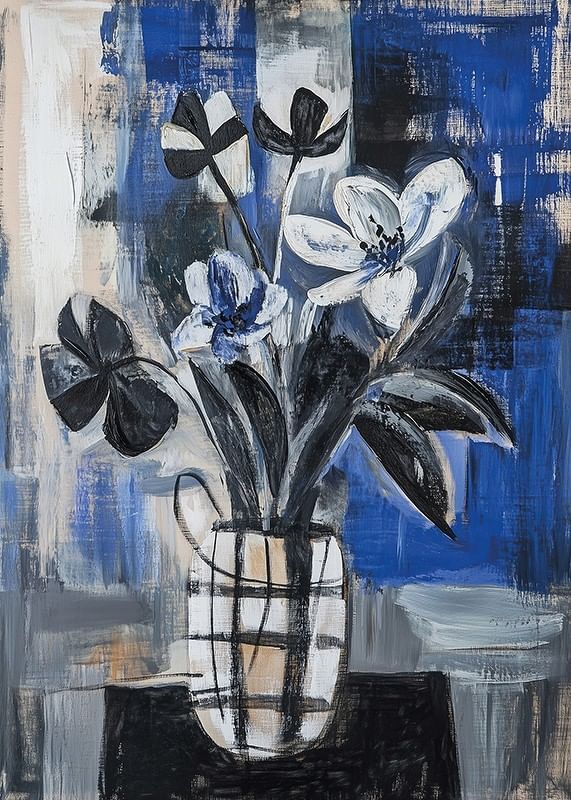Flores a preto e branco sobre fundo azul criam profundidade e elegância-12