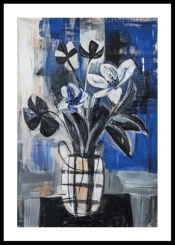 Flores a preto e branco sobre fundo azul criam profundidade e elegância-12