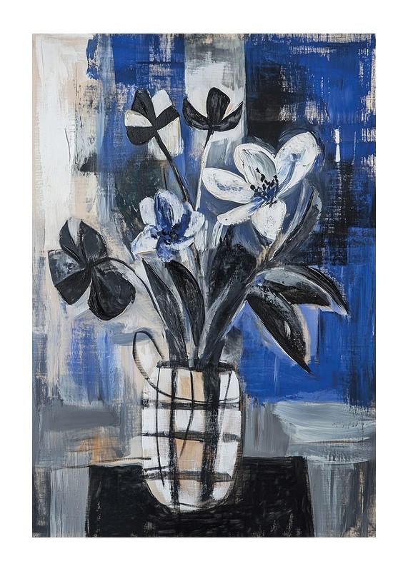 Flores a preto e branco sobre fundo azul criam profundidade e elegância-12