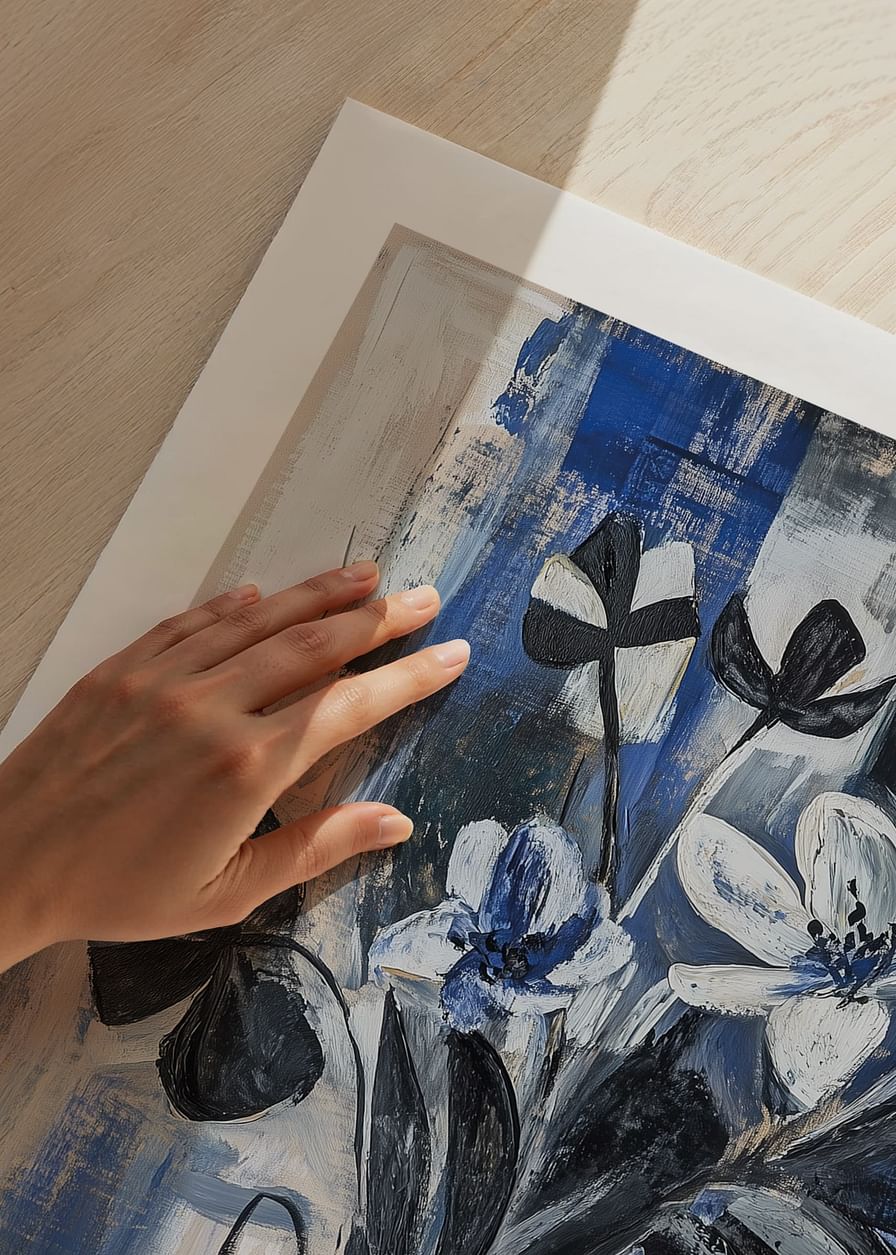 Flores a preto e branco sobre fundo azul criam profundidade e elegância-12
