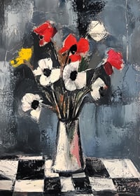 Ein bunter Blumenstrauß auf einer karierten Tischdecke-7