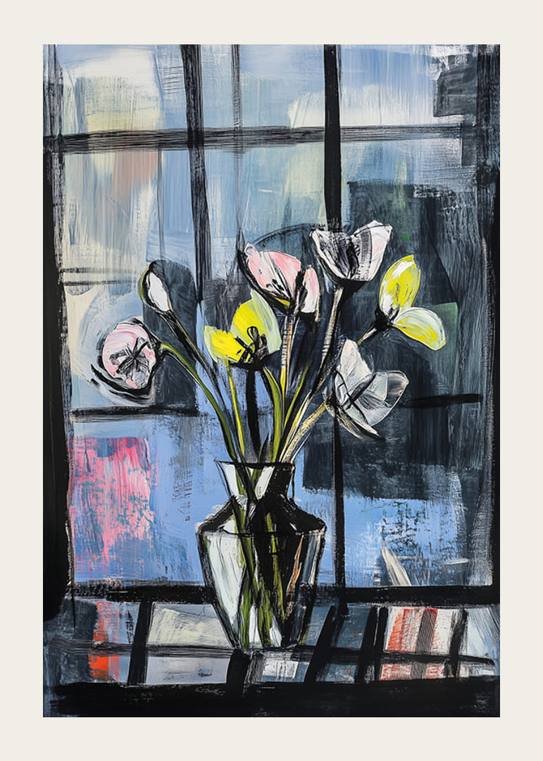 Kvitnúce kvety na pozadí zasneného okna-12