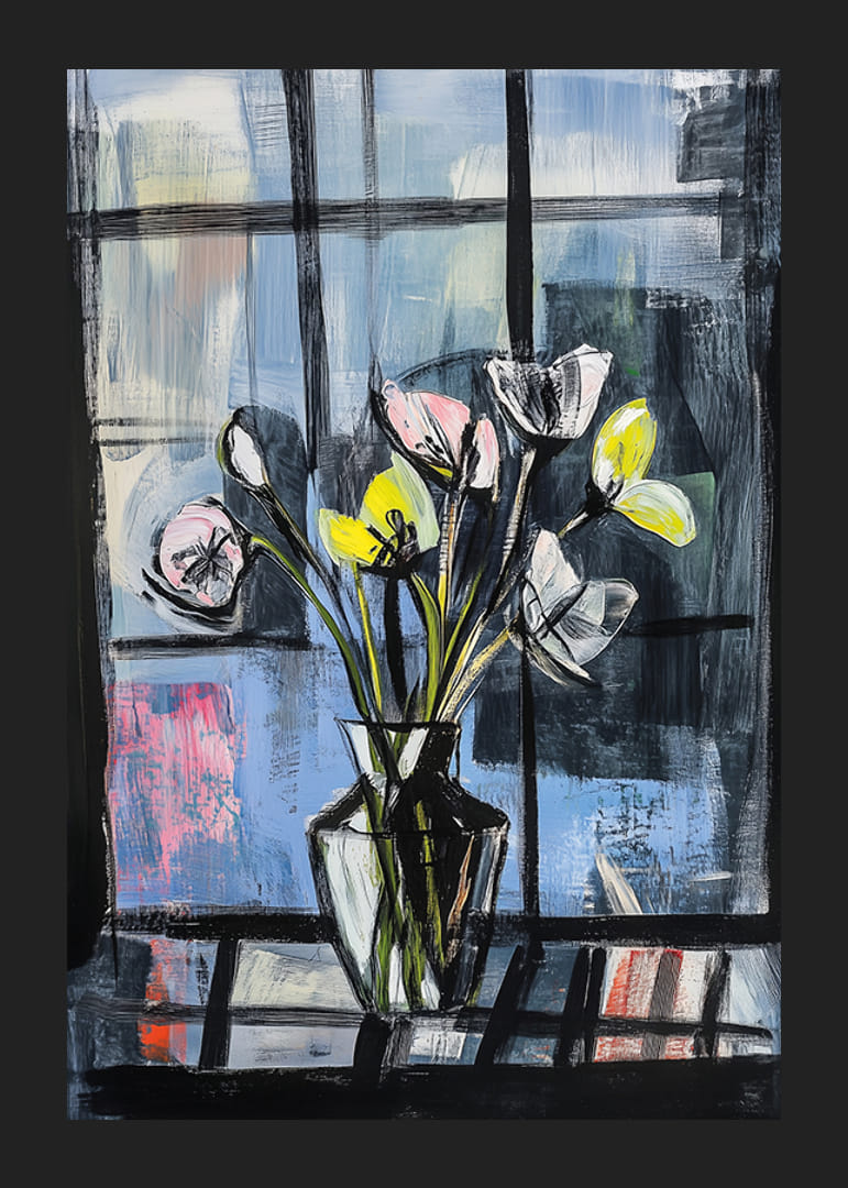 Kvitnúce kvety na pozadí zasneného okna-12