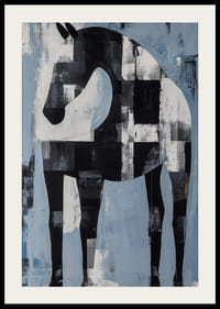 En svart og hvit hest i et abstrakt landskap av blå og hvite fargetoner-2