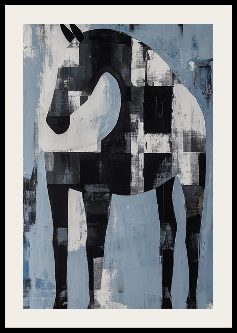En svart og hvit hest i et abstrakt landskap av blå og hvite fargetoner-12