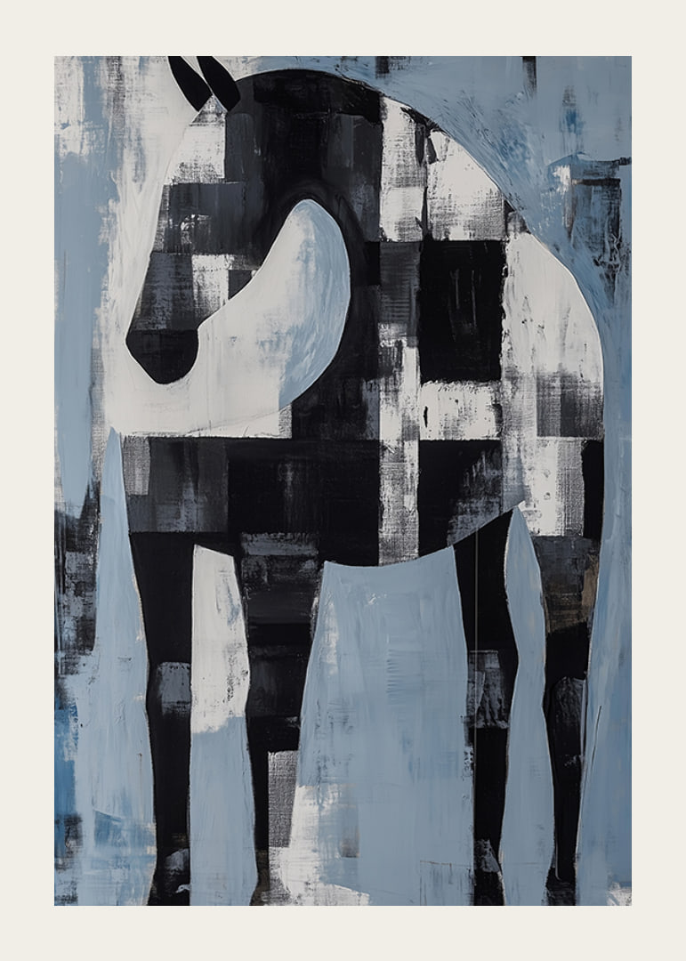A black and white horse in an abstract landscape of blue and white hues-12