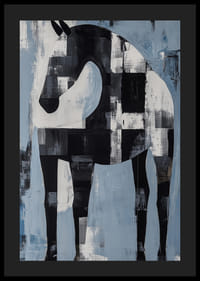 En svart og hvit hest i et abstrakt landskap av blå og hvite fargetoner-4