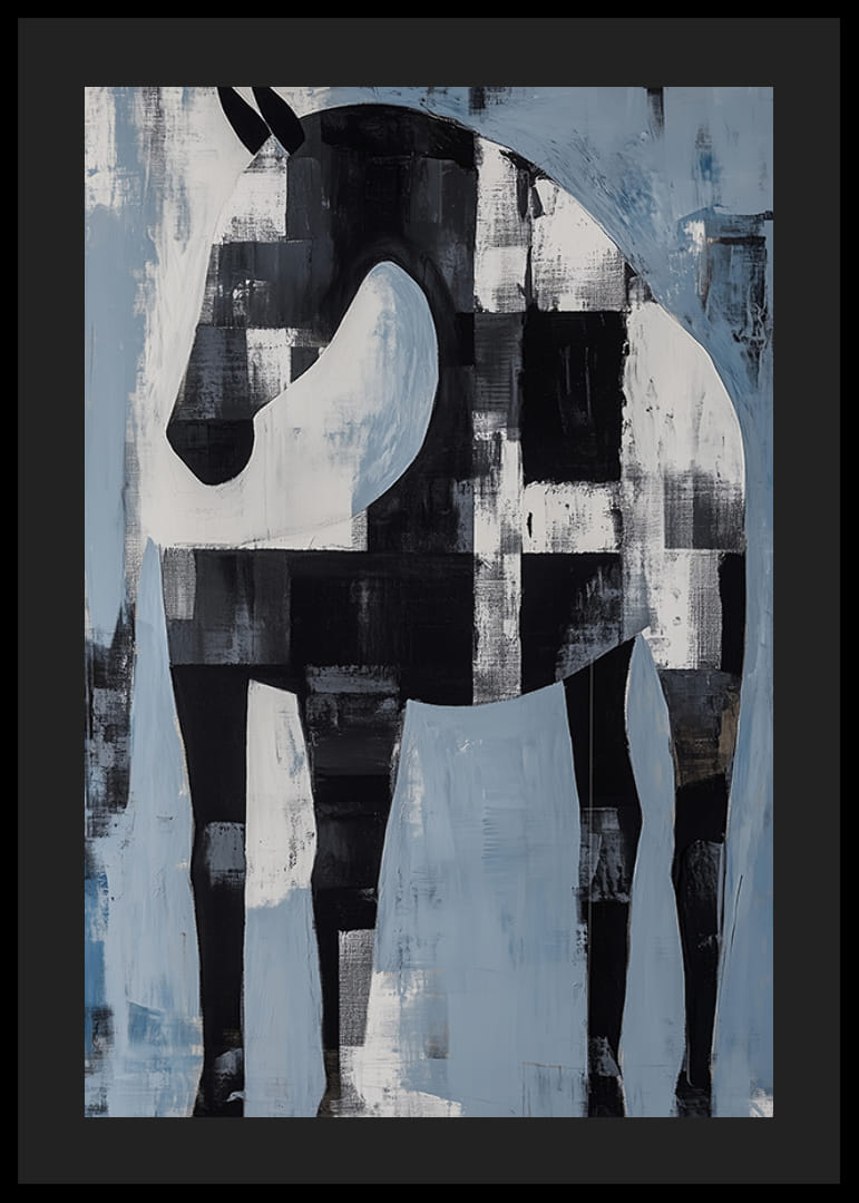 En svart og hvit hest i et abstrakt landskap av blå og hvite fargetoner-12