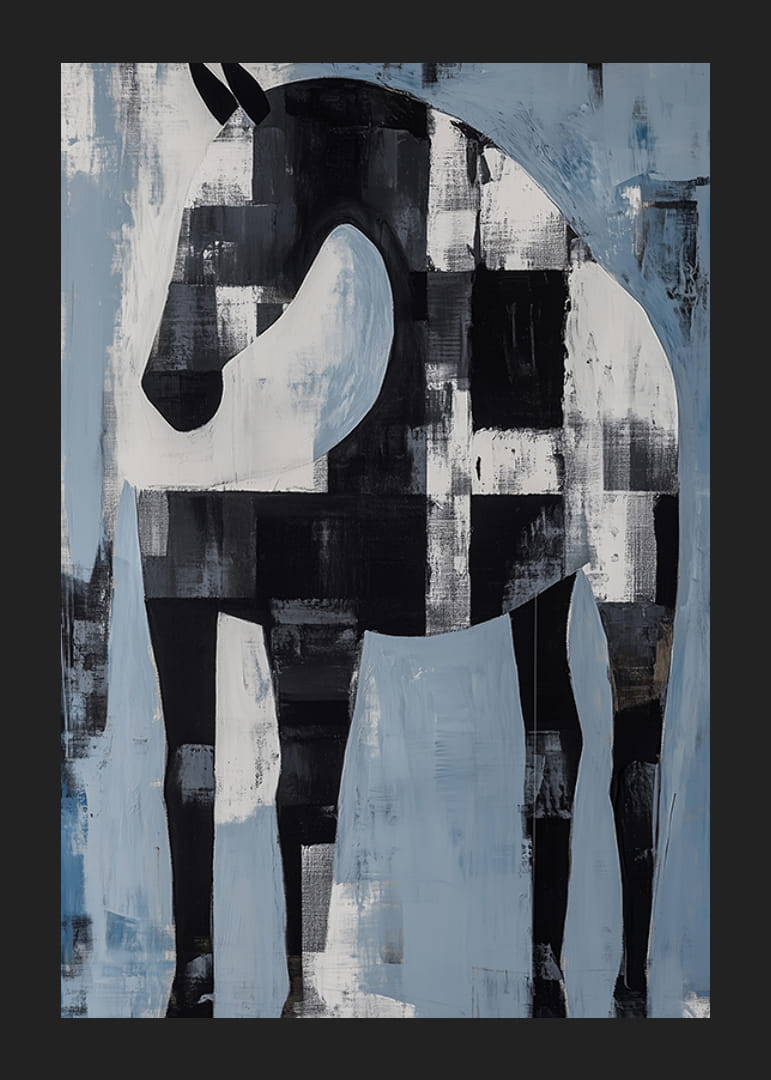 En svart og hvit hest i et abstrakt landskap av blå og hvite fargetoner-12