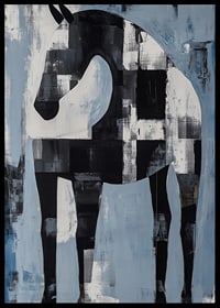 A black and white horse in an abstract landscape of blue and white hues-6