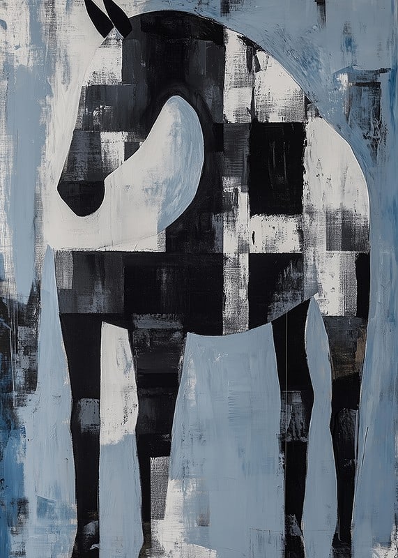 A black and white horse in an abstract landscape of blue and white hues-12