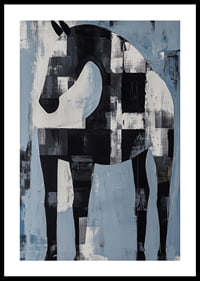 A black and white horse in an abstract landscape of blue and white hues-0